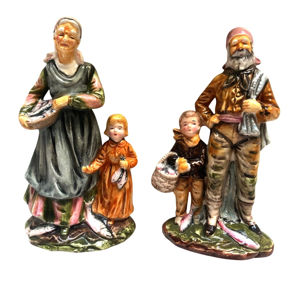 Vintage Porcelain Fisherman Fishwife Family Figurines Matching Pair 8"